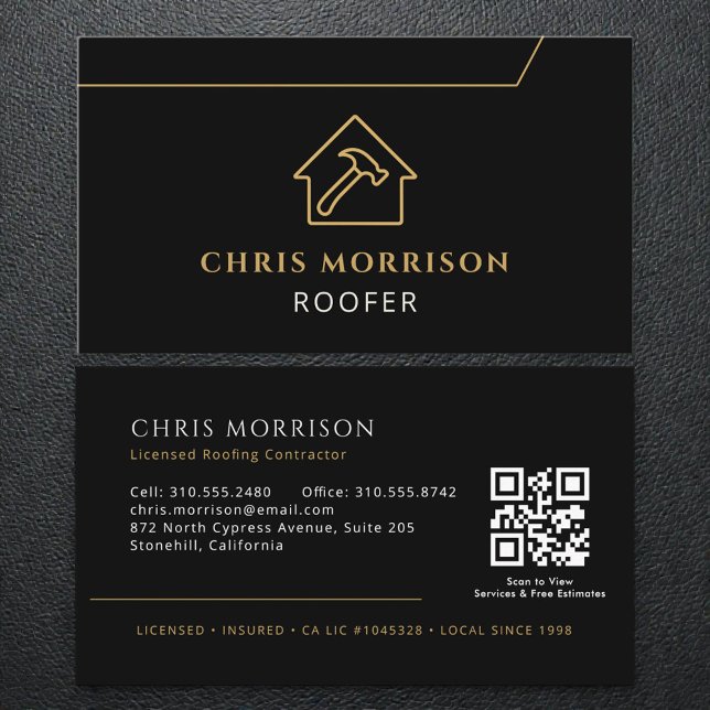 QR Code Roofing Roofer Professional Black Gold Business Card (Creator Uploaded)