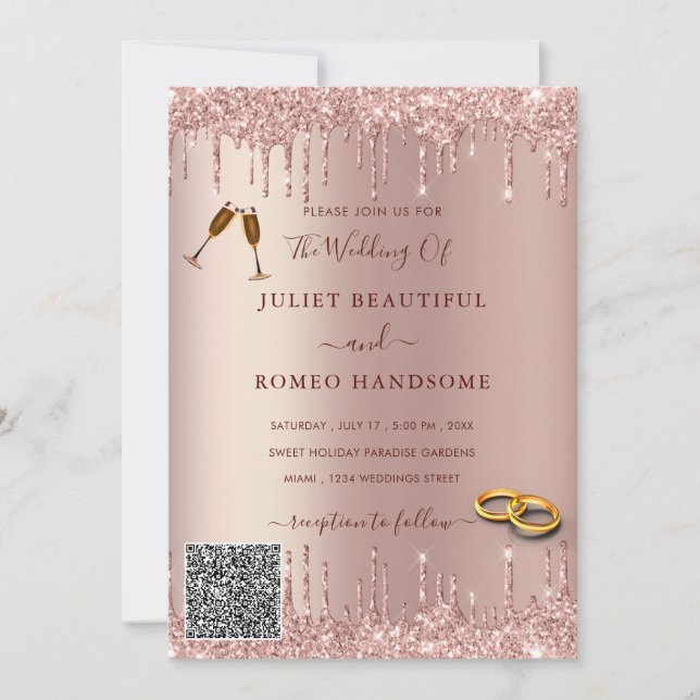 QR Code Rose Gold Blush Drips Wedding Invitation  (Front)