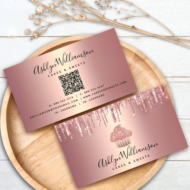QR Code Rose Gold Cupcake Glitter Drips Bakery Business Card (Creator Uploaded)