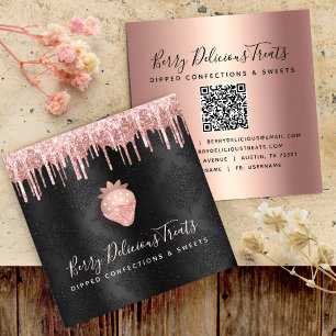 QR Code Rose Gold Drip Strawberry Confection Black Square Business Card