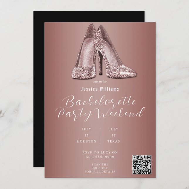 QR CODE Rose Gold Glitter Shoes Bachelorette Invitation (Front/Back)