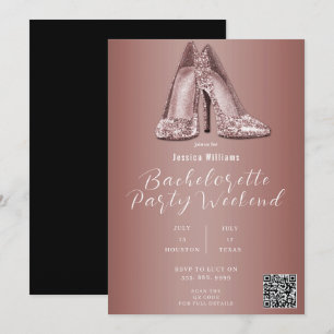 QR CODE Rose Gold Glitter Shoes Bachelorette Invitation
