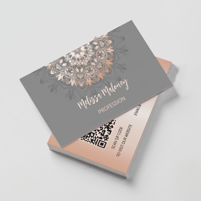 QR Code | Rose Gold Gray Floral Mandala  Business Card (Creator Uploaded)