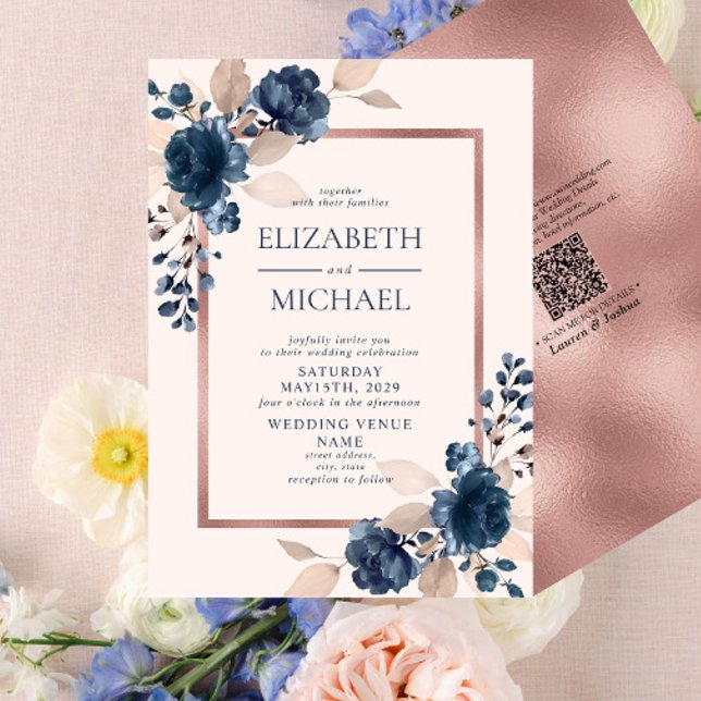 QR Code Rose Gold Navy Blue Dusty Pink Floral Invitation (Creator Uploaded)