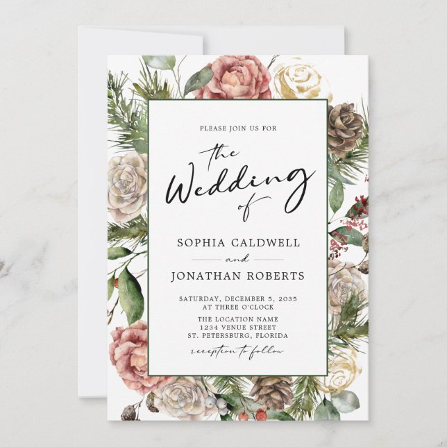 QR Code Roses and Pine Calligraphy Winter Wedding Invitation (Front)
