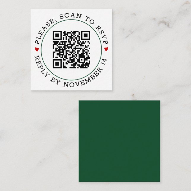 QR code RSVP and red hearts emerald green wedding Enclosure Card (Front/Back)