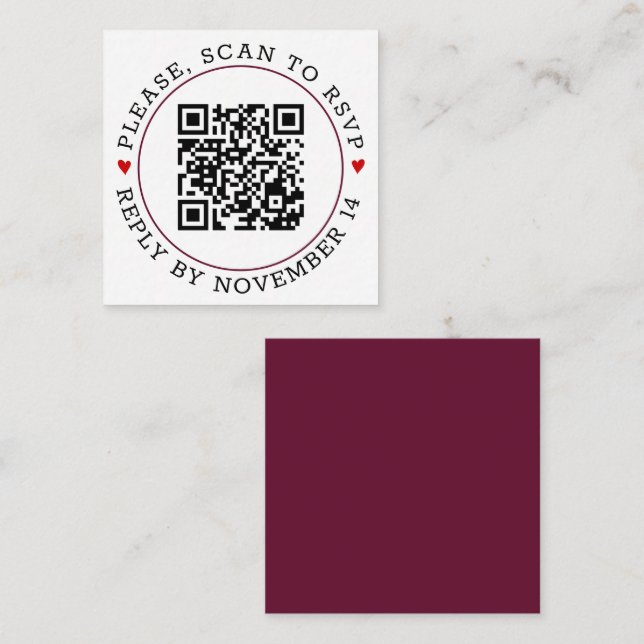 QR code RSVP burgundy border with hearts wedding Enclosure Card (Front/Back)