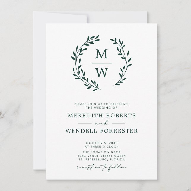 QR Code RSVP Emerald Green Monogram Wreath Wedding Invitation (Front)
