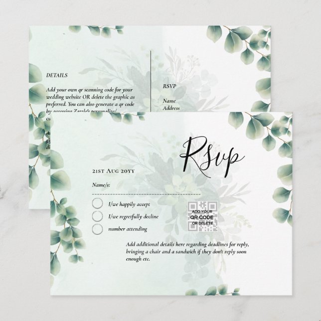 QR CODE RSVP Eucalyptus Leaves Greenery Wedding Po Postcard (Front/Back)