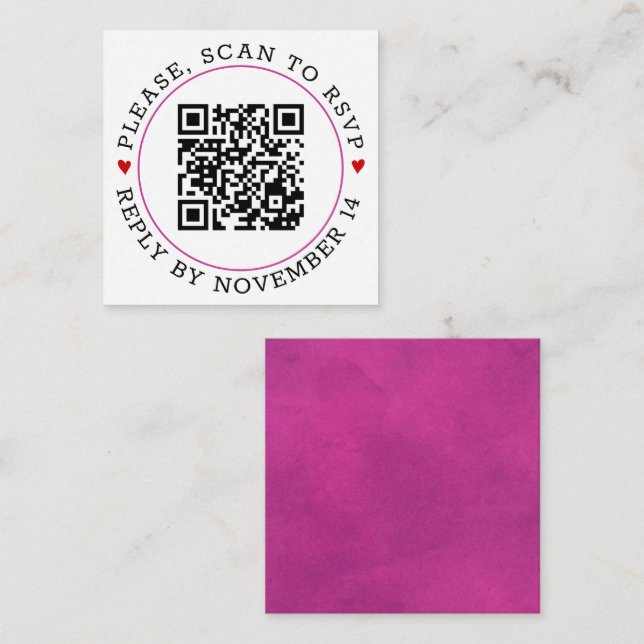QR code RSVP fuchsia pink border, hearts wedding Enclosure Card (Front/Back)