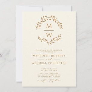 QR Code RSVP Gold on Cream Monogram Wreath Wedding Invitation
