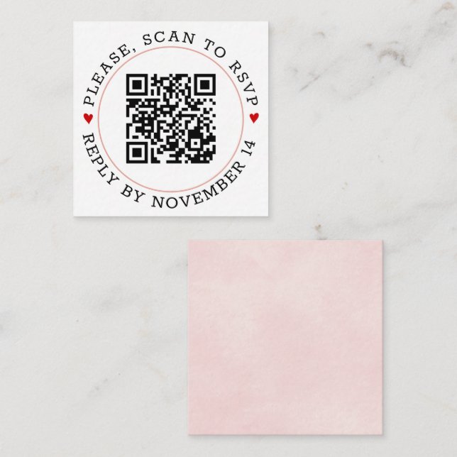 QR code RSVP light pink border and hearts wedding Enclosure Card (Front/Back)