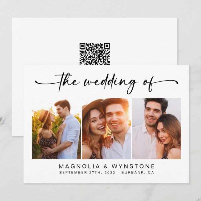 QR Code RSVP | Modern Three Photo Wedding Invitation (Front/Back)