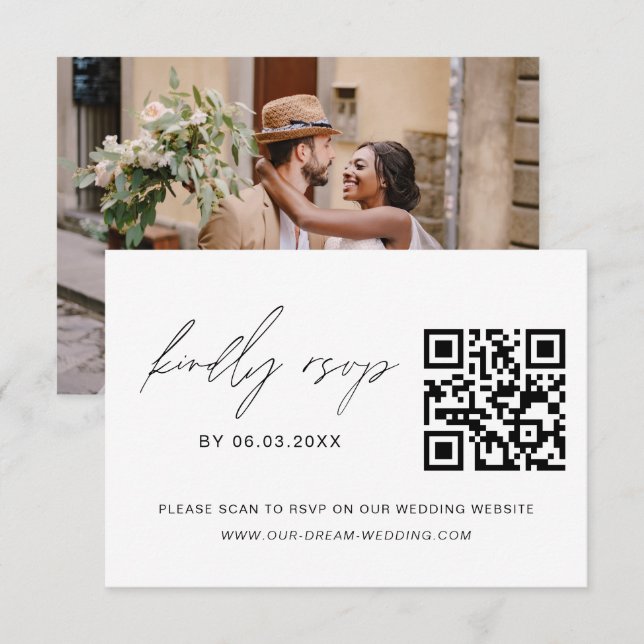 QR Code RSVP Photo Minimalist Wedding Website Card (Front/Back)