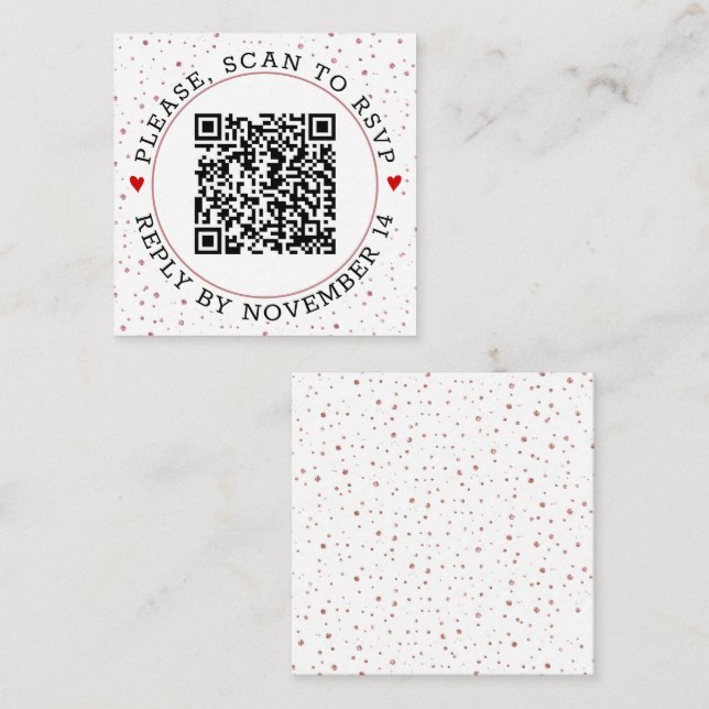 QR code RSVP rose gold border and confetti Enclosure Card (Front/Back)