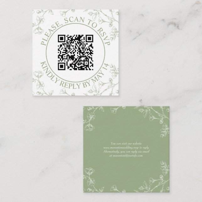 QR code RSVP, sage green blossoms floral wedding Enclosure Card (Front/Back)