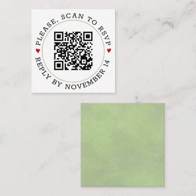 QR code RSVP sage green border and hearts wedding Enclosure Card (Front/Back)