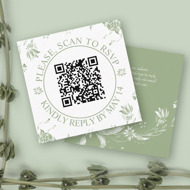 QR code RSVP, sage green flowers floral wedding Enclosure Card (Creator Uploaded)