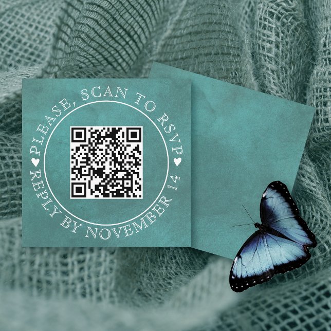 QR code RSVP stained teal blue wedding Enclosure Card (Creator Uploaded)