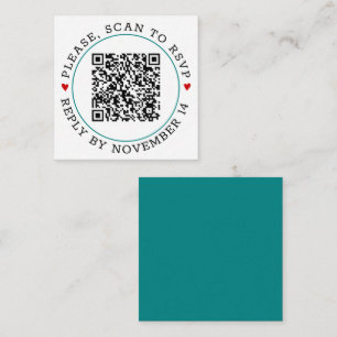 QR code RSVP teal blue border and hearts wedding Enclosure Card