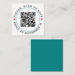 QR code RSVP teal blue border and hearts wedding Enclosure Card