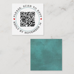 QR code RSVP teal blue border and hearts wedding Enclosure Card