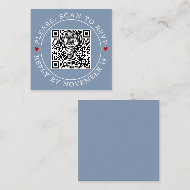 QR code RSVP with border hearts dusty blue wedding Enclosure Card (Front/Back)