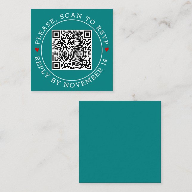 QR code RSVP with border hearts teal blue wedding Enclosure Card (Front/Back)
