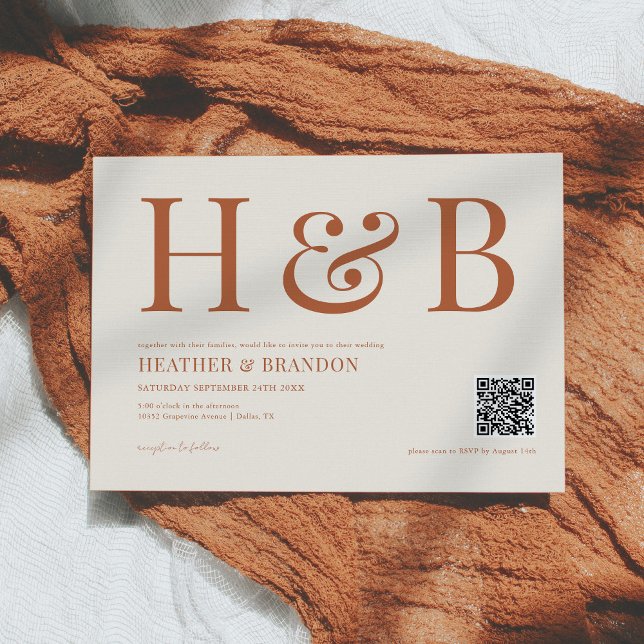 QR Code Rust Monogram Wedding Invitation  (Creator Uploaded)
