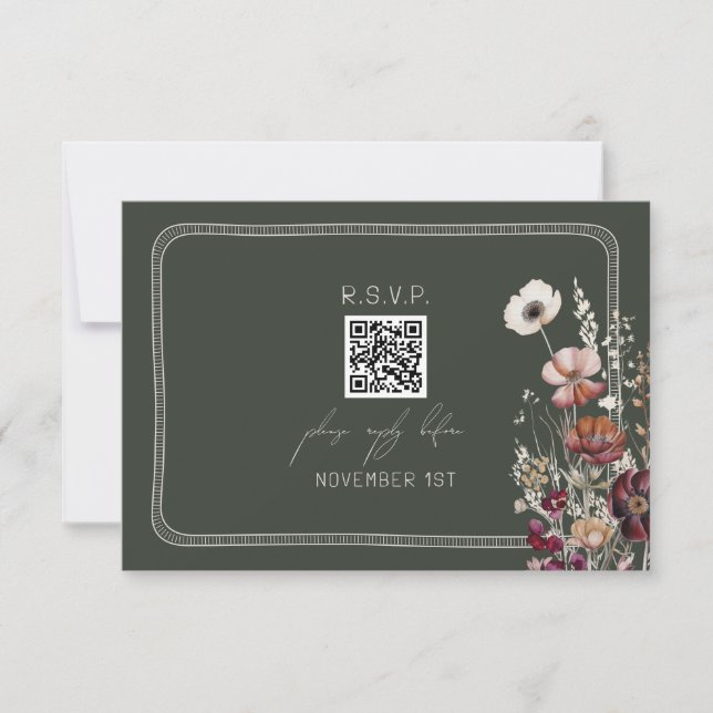 QR Code Rustic Anemone Floral Green Wedding RSVP (Front)
