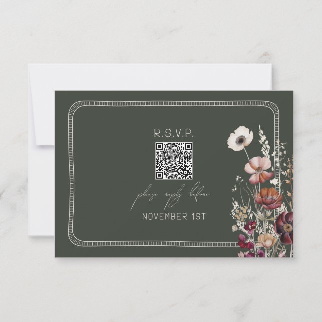 QR Code Rustic Anemone Floral Green Wedding RSVP Card (Front)