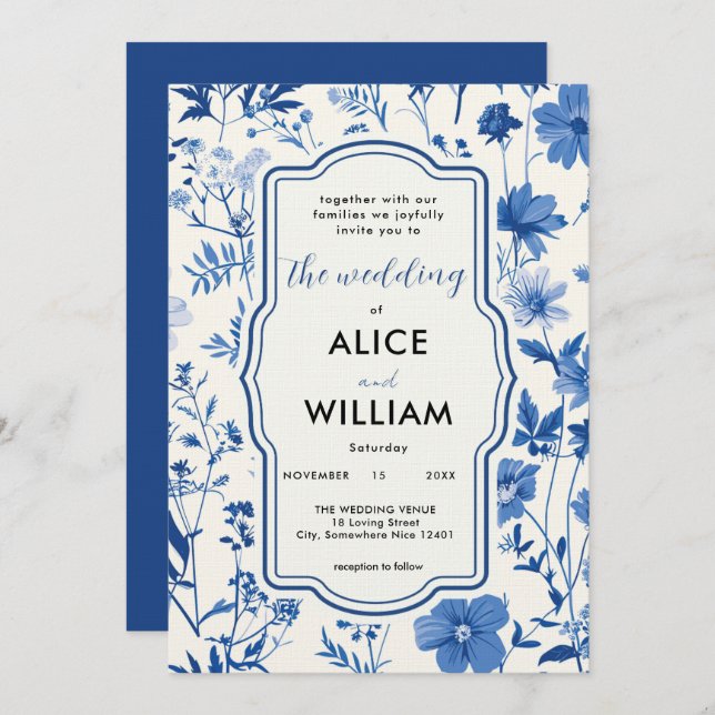 QR code Rustic Blue Wildflower Wedding Invitation  (Front/Back)