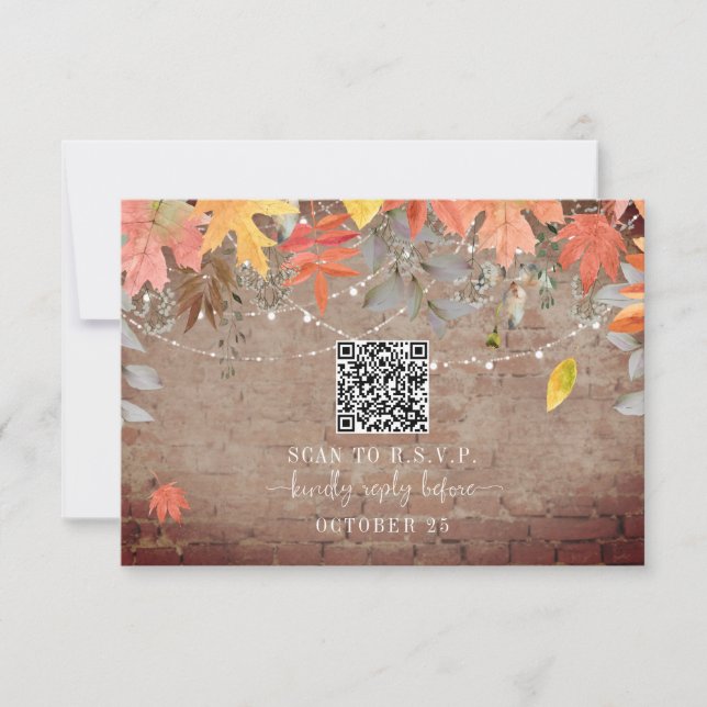 QR Code Rustic Brick Fall Wedding  RSVP Card (Front)