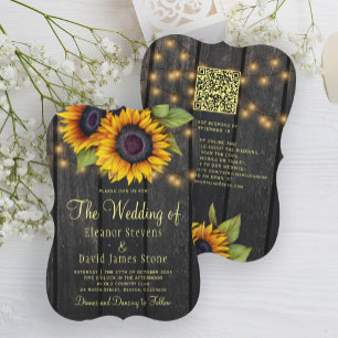 QR code rustic country sunflower barn wood wedding Invitation