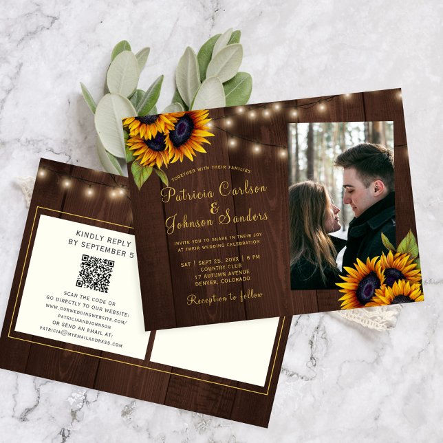 QR code rustic floral photo wedding all in one Invitation Postcard (Creator Uploaded)