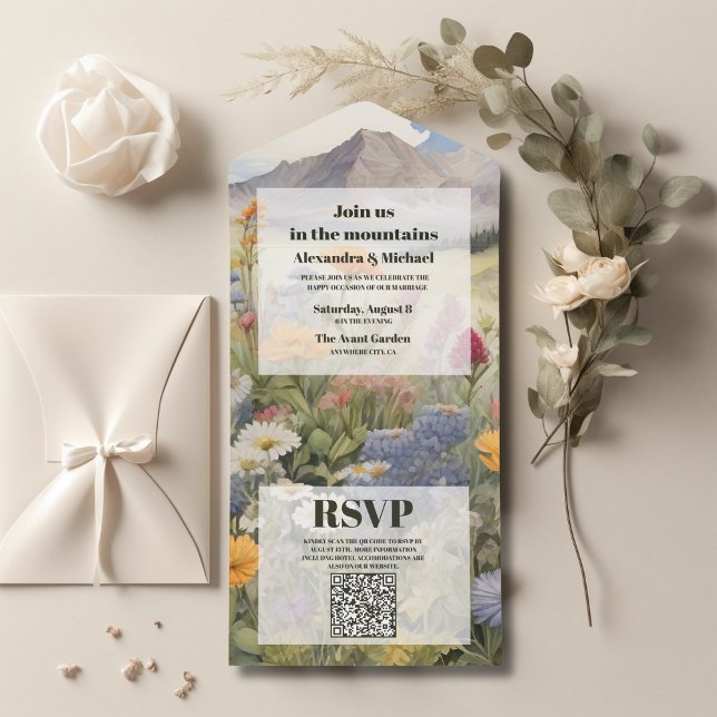 QR Code Rustic Mountain Forest Evergreen Wedding All In One Invitation (Creator Uploaded)