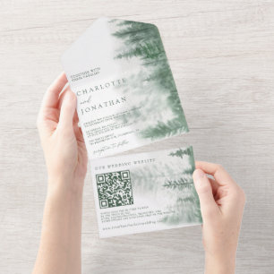QR Code Rustic Mountain Forest Watercolor Wedding All In One Invitation
