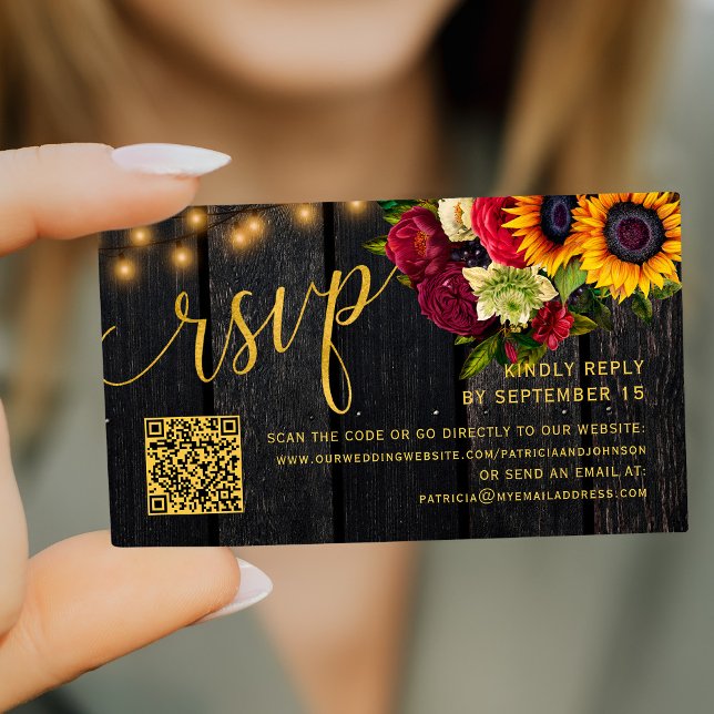 QR code rustic sunflower and roses wedding RSVP Enclosure Card (Creator Uploaded)