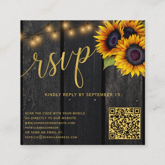 QR code rustic sunflower budget wedding RSVP Enclosure Card (Front)