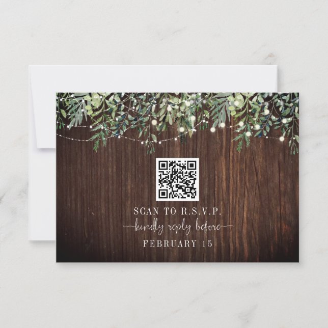 QR Code Rustic Wood Botanical Wedding RSVP (Front)