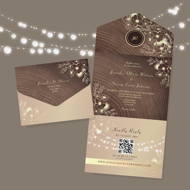 QR Code Rustic Wood Rose Gold Wedding All In One Invitation (Creator Uploaded)