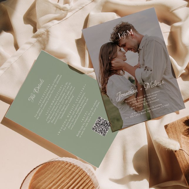 QR Code Sage Green Budget Monogram Overlay Wedding Invitation (Creator Uploaded)