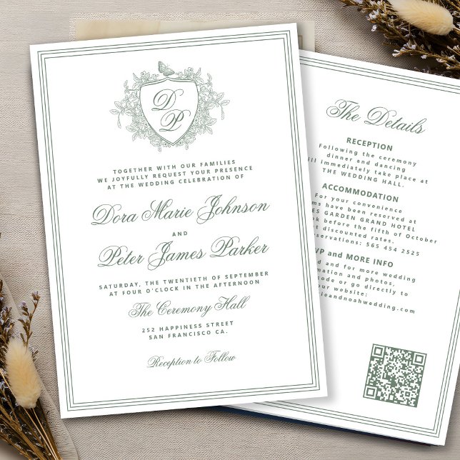 QR code sage green crest monogram wedding Invitation (Creator Uploaded)
