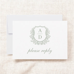 QR Code Sage Green Crest Monogram Wedding RSVP Card