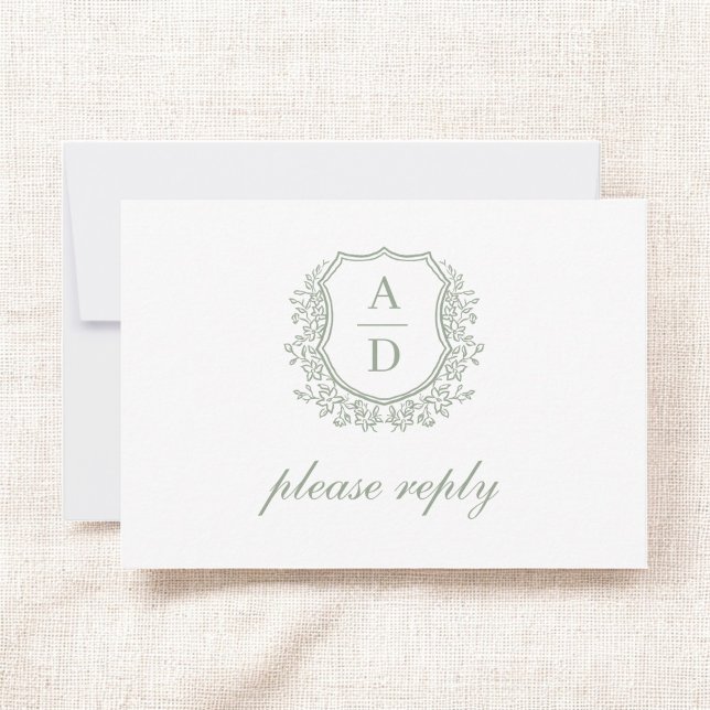 QR Code Sage Green Crest Monogram Wedding RSVP Card (Creator Uploaded)