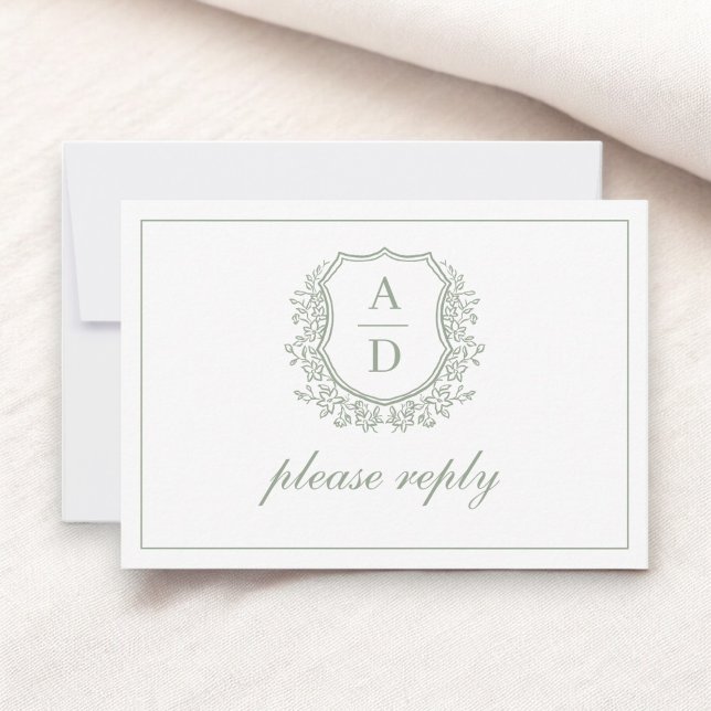 QR Code Sage Green Crest Monogram Wedding RSVP Card (Creator Uploaded)