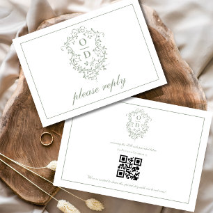 QR Code Sage Green Crest Monogram Wedding RSVP Card