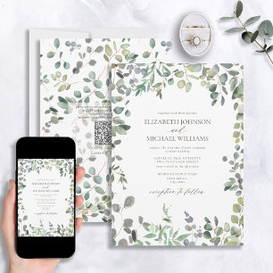 QR Code Sage Green Eucalyptus Watercolor Wedding Invitation