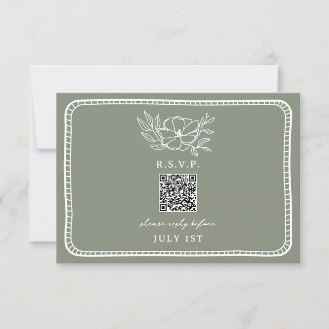 QR Code Sage Green Floral Wedding QR RSVP Card (Front)