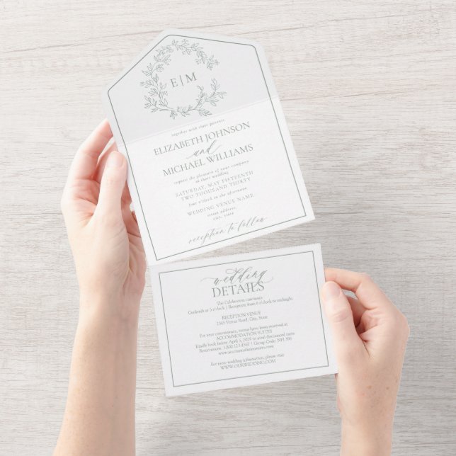QR Code Sage Green Leafy Crest Monogram Wedding All In One Invitation (Tearaway)